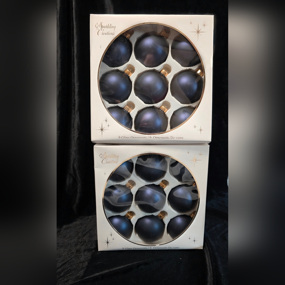 Sparkling Creations Blue/Indigo Satin Glass Ornaments, 2 Boxes/18 Total VTG